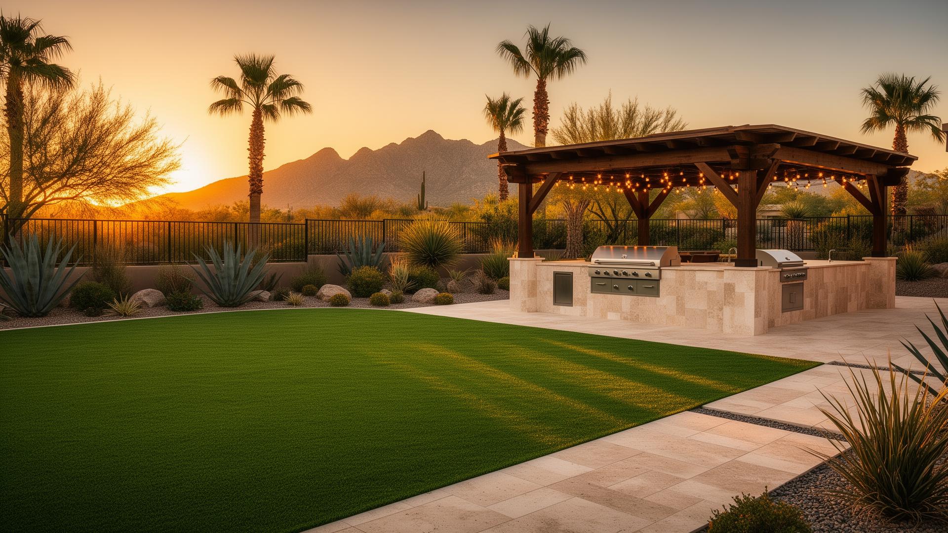 Luxury Arizona backyard at golden hour with pool, turf and pavers
