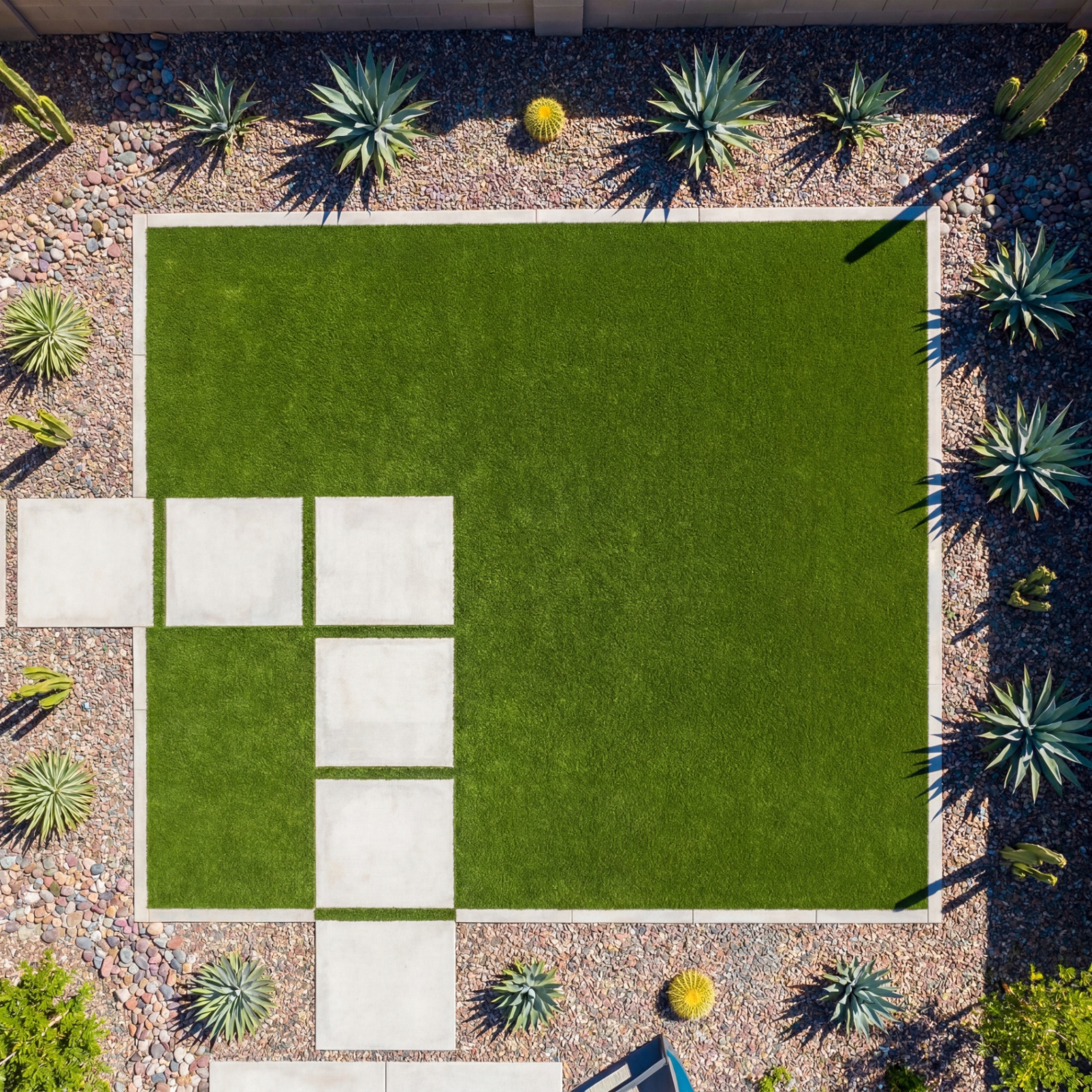 Pristine artificial turf lawn with pavers